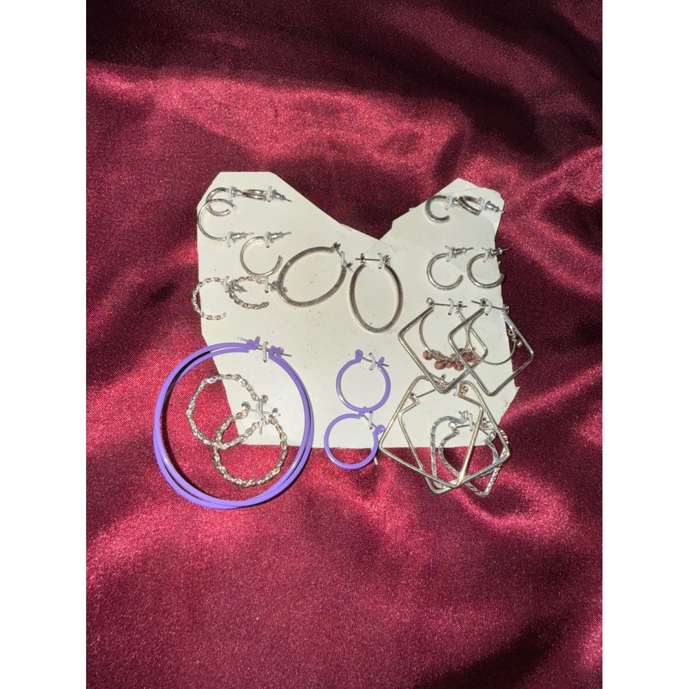 Assorted Hoop Earring Lot Silver‎ Tone Purple Enamel Geometric Twisted 10 Pairs